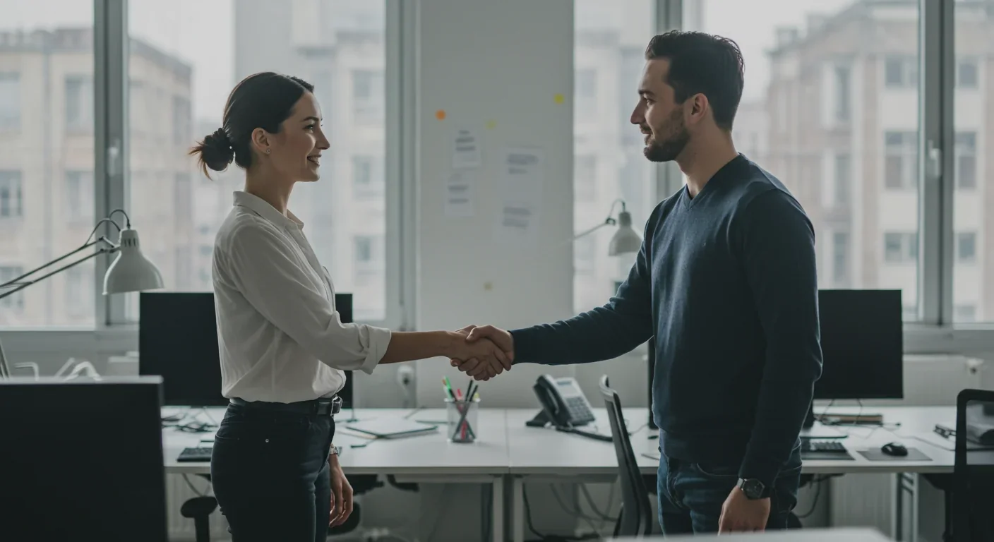 Two professionals shaking hands in office representing dual-income partnership and career stability