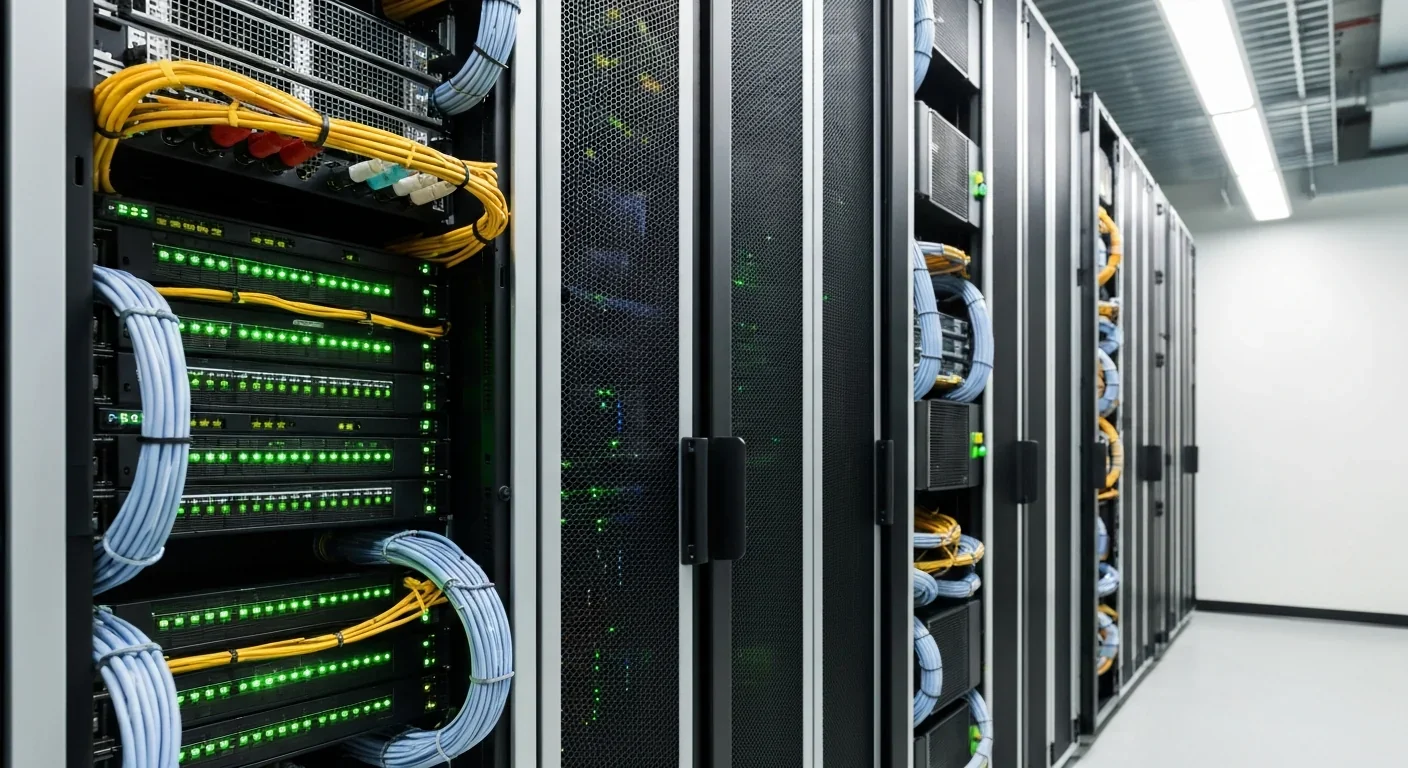 Rows of server racks with blinking LED lights in a modern data center powering social media algorithms