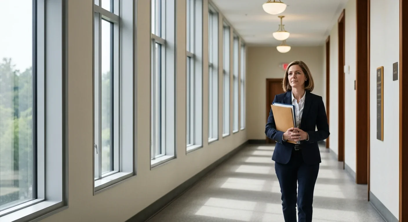 Professional woman in business attire carrying documents through a government building hallway