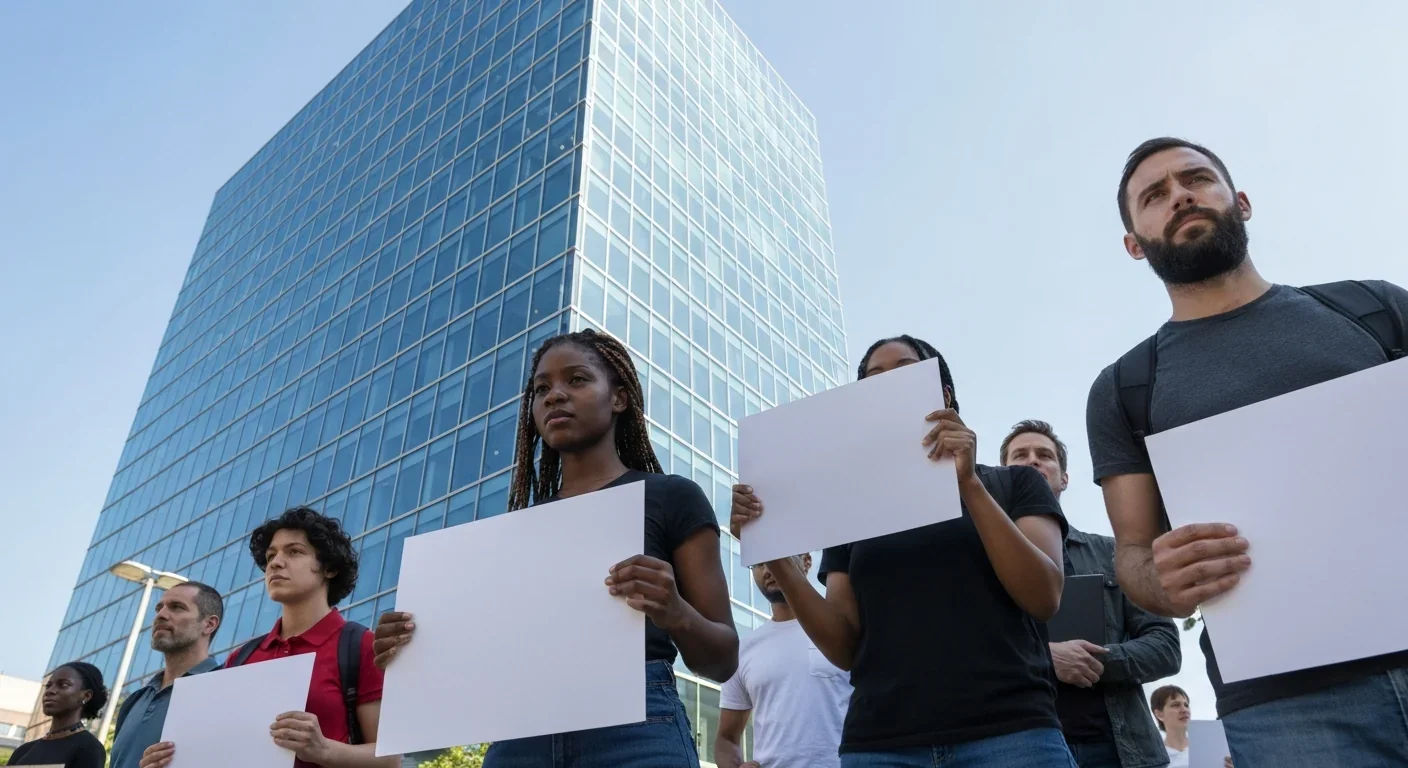Group of adult protesters with signs gathered outside a modern tech company glass office building