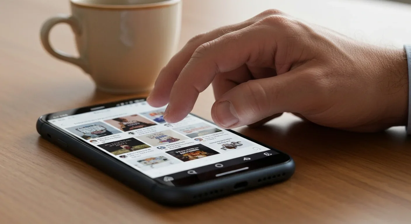 Adult hand hovering over smartphone screen mid-scroll on a wooden desk with coffee cup nearby