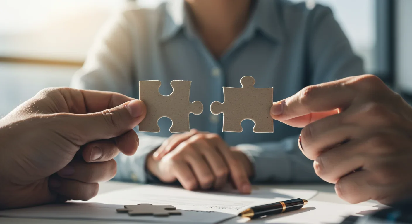 Hands connecting puzzle pieces together representing rebuilding shared reality