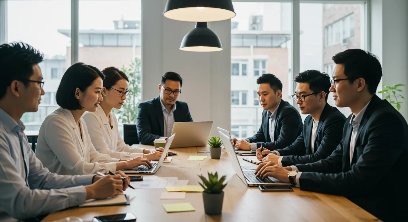 Business team collaborating efficiently in focused meeting under compressed work schedule