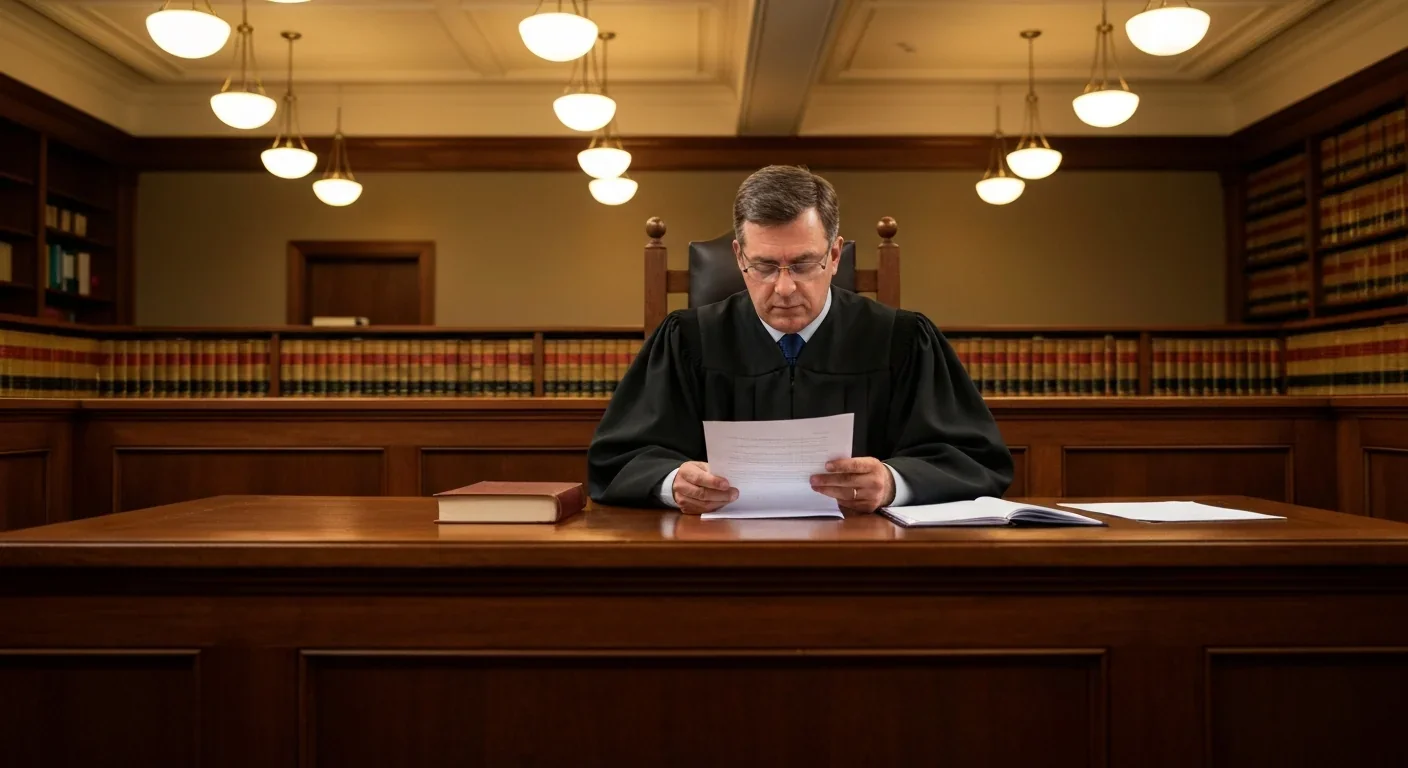 Judge reviewing legal documents in courtroom setting