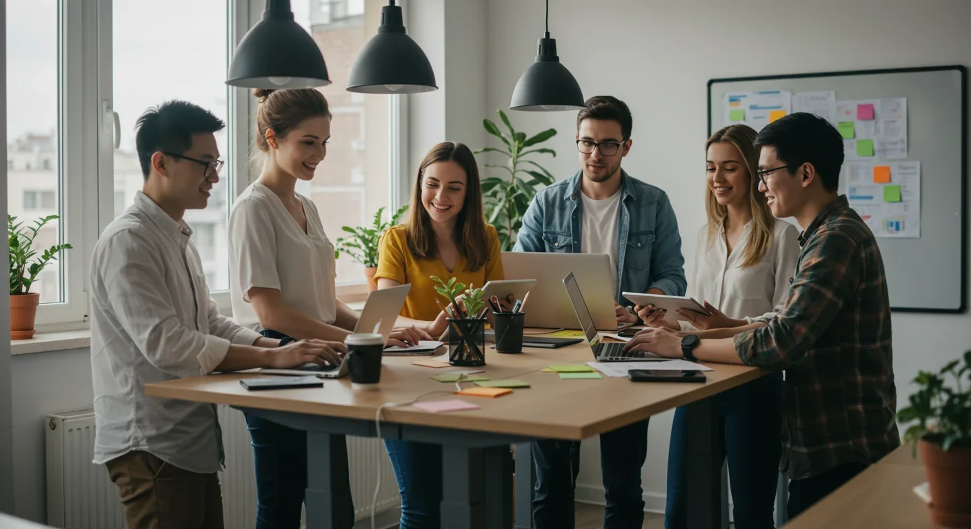 Gen Z professionals collaborating in flexible hybrid workspace