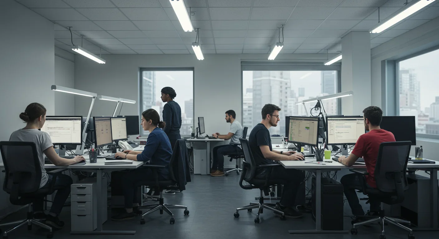 Workers in modest office environment focused on computer tasks