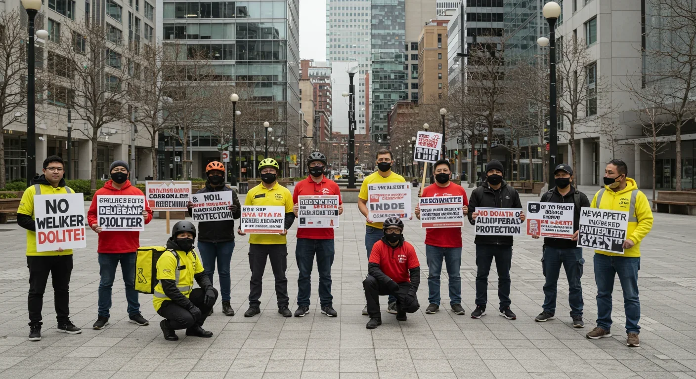 Gig economy workers gathered in city plaza advocating for labor rights and worker protections with signs