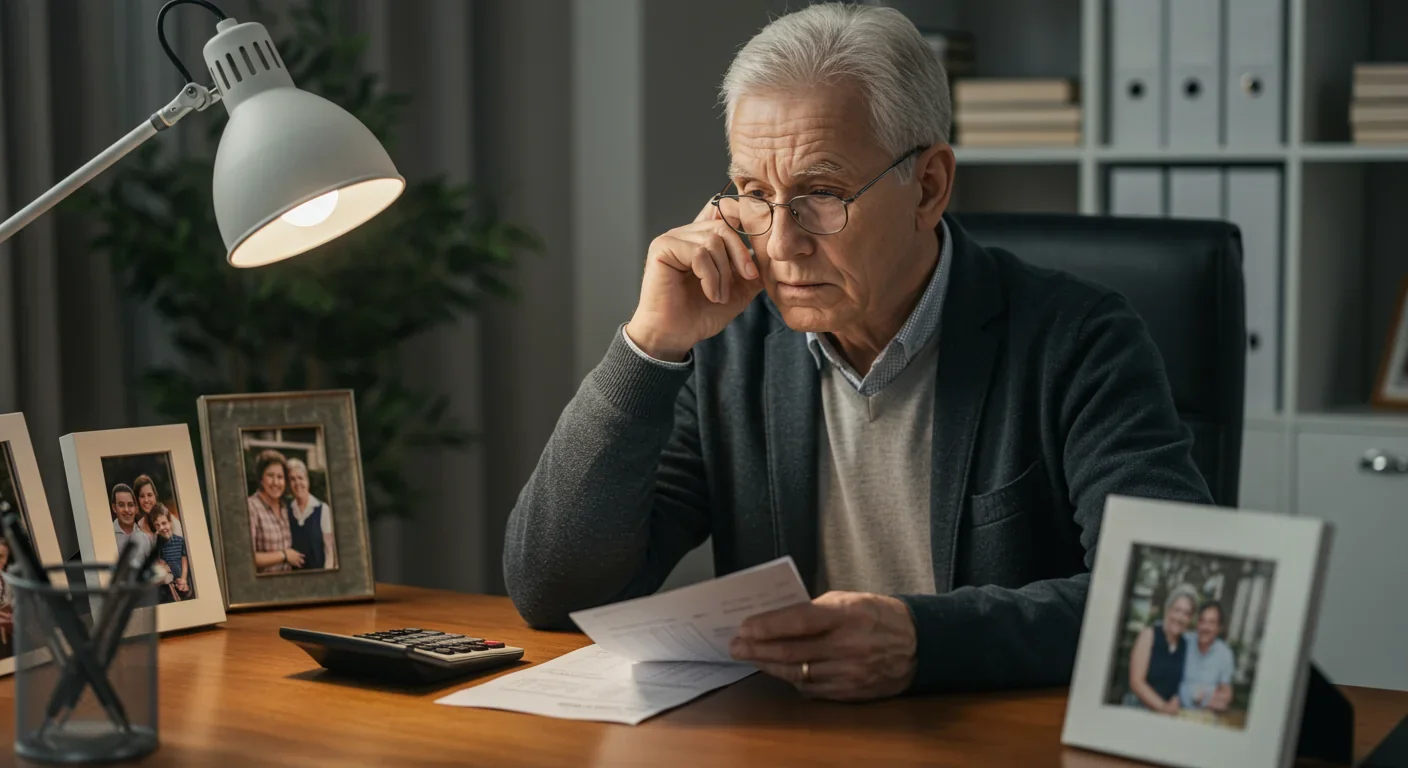 Senior gig worker reviewing retirement savings statements with concerned expression at home desk with calculator