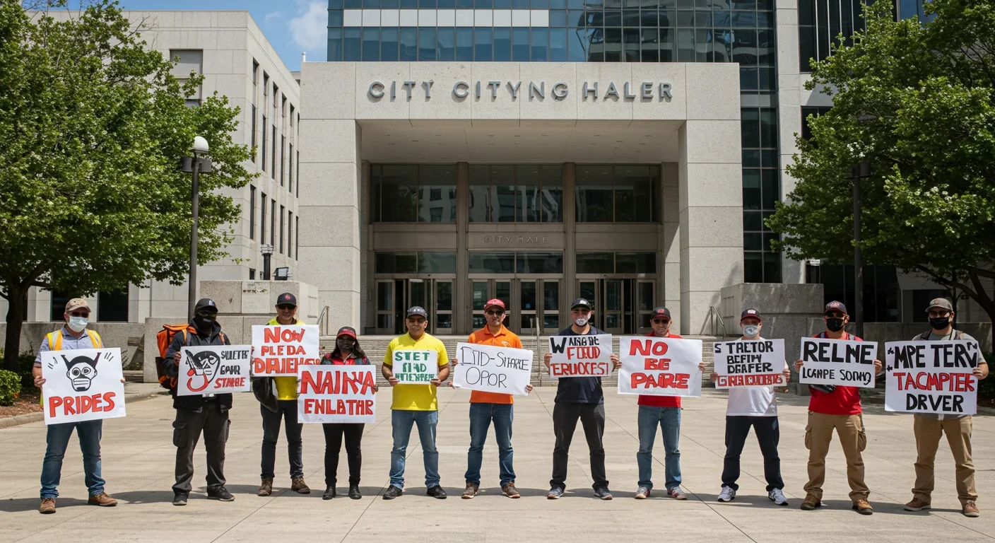 Gig workers rallying for employment rights at city hall