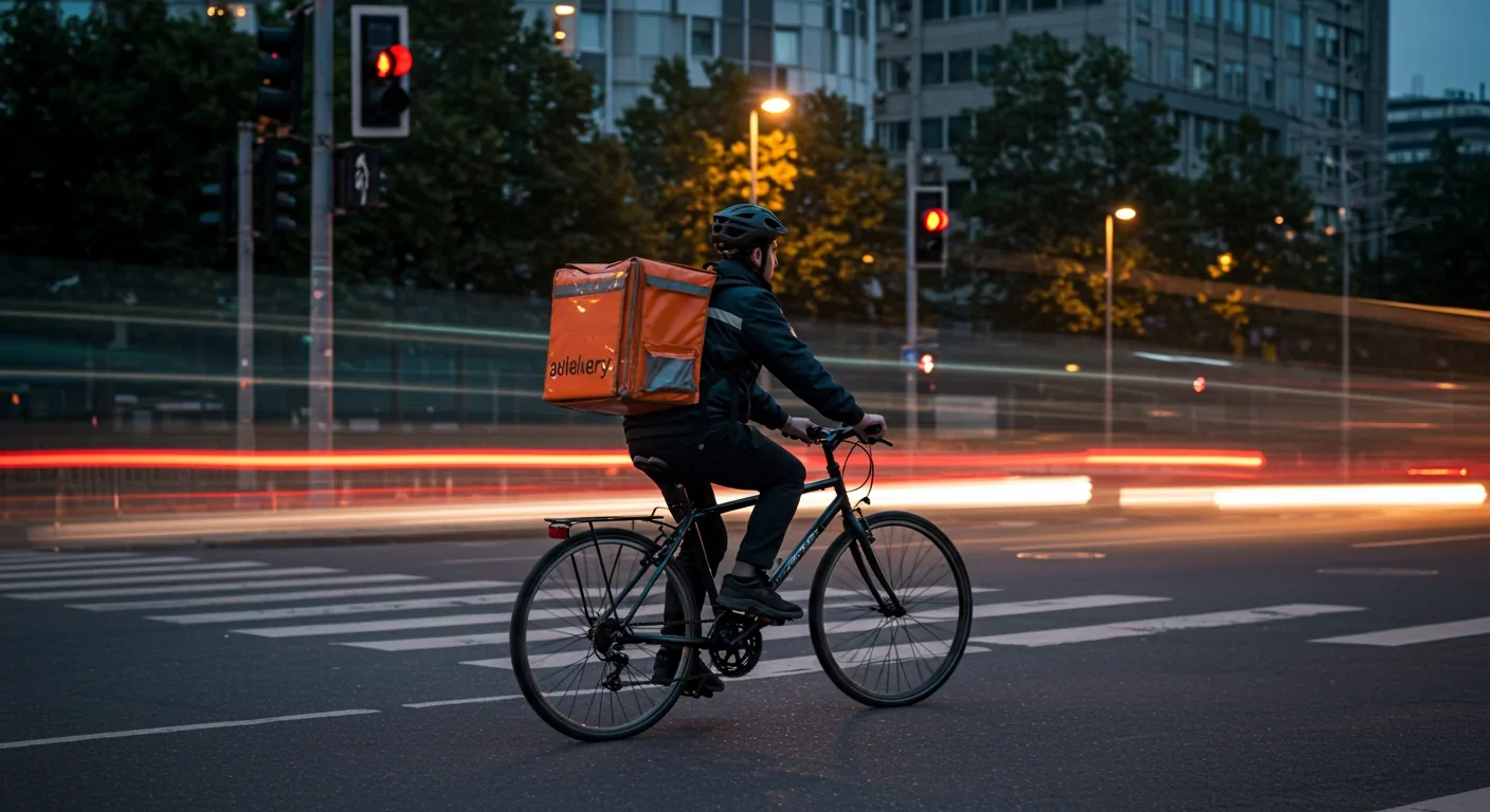 Food delivery worker navigating busy urban intersection on bicycle