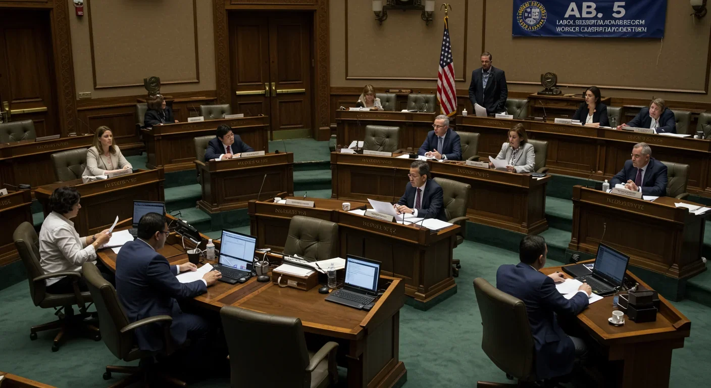 Legislators and advocates debating gig worker classification laws including AB 5 and Proposition 22