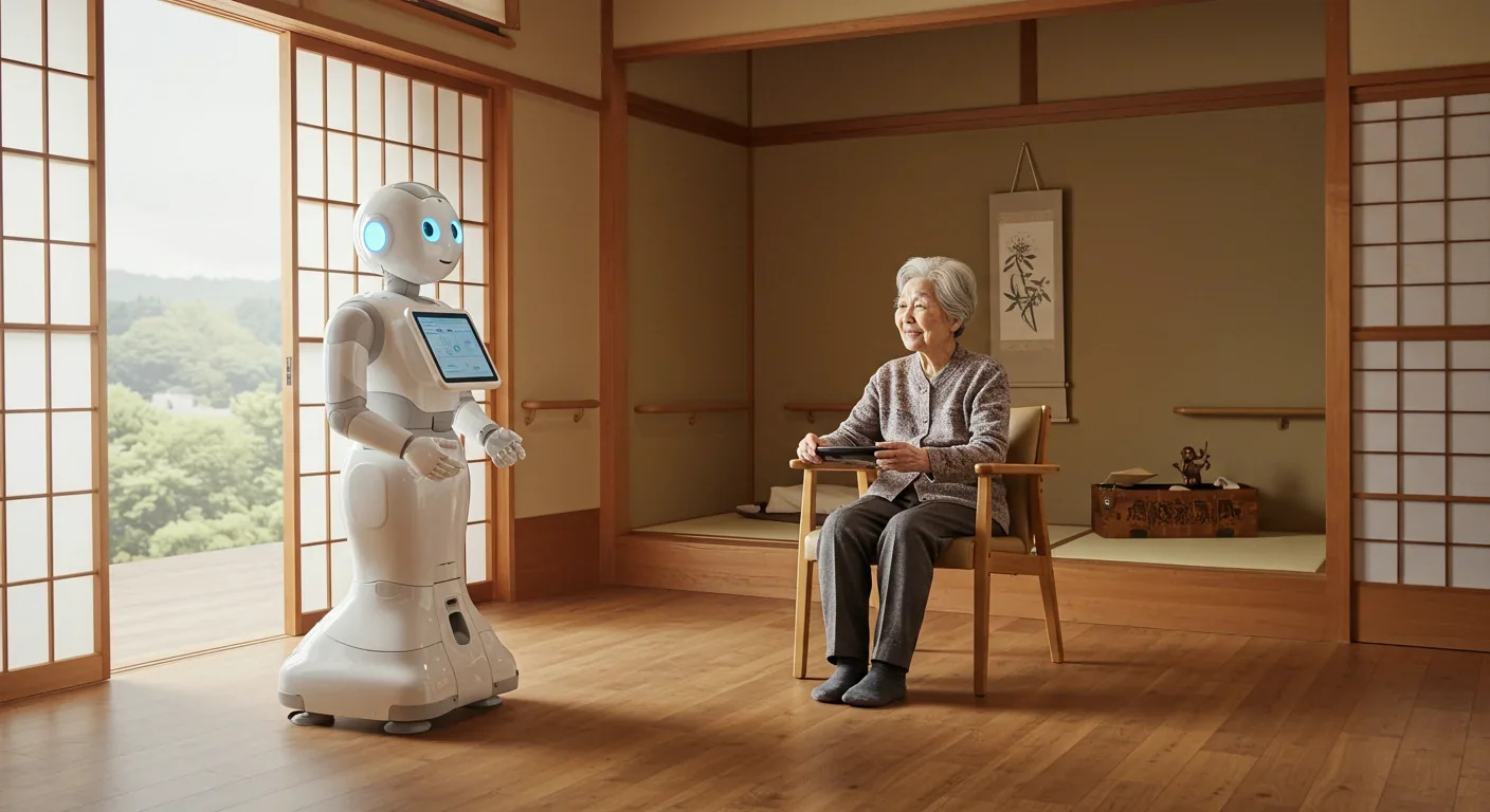 Healthcare robot assisting elderly woman in Japanese nursing home