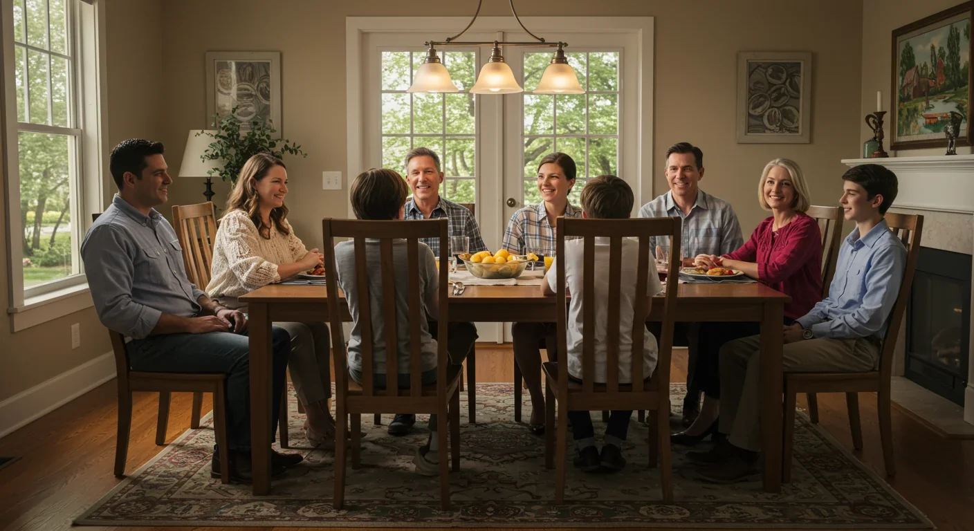 Multigenerational family dinner with empty chairs representing demographic shift