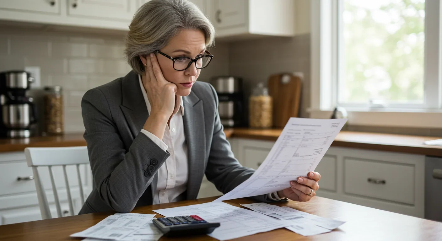 Woman reviewing financial documents and retirement statements with concerned expression, representing financial impact of gray divorce