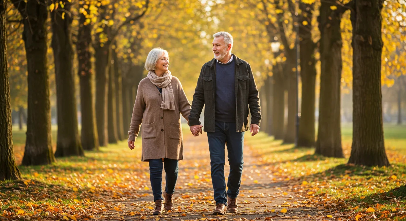 Senior couple walking hand-in-hand on tree-lined path, smiling at each other, representing successful navigation of late-life marriage challenges