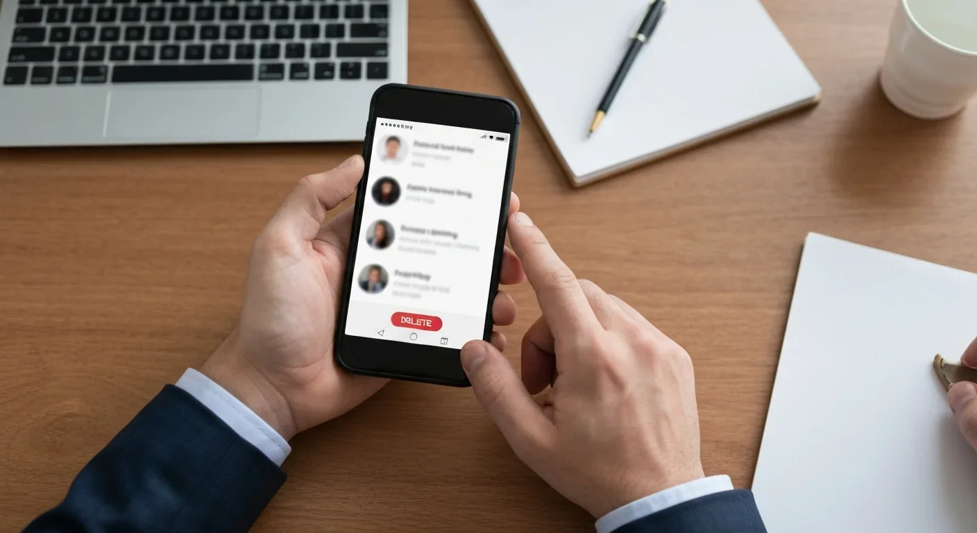 Close-up of hands holding a phone with a finger hovering over a delete button