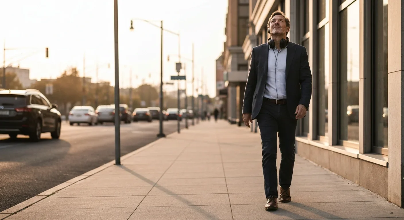 Man walking on a quiet city sidewalk at dawn looking relaxed and present