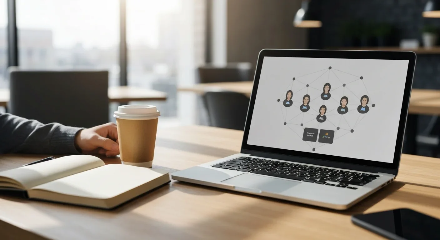 Laptop showing a decentralized social network in a bright co-working space
