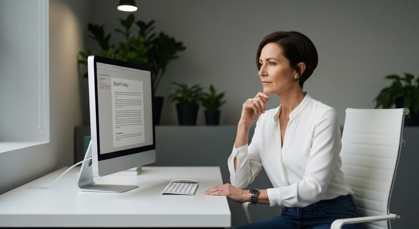 Woman sitting at a desk looking thoughtfully at a computer screen in a minimalist office