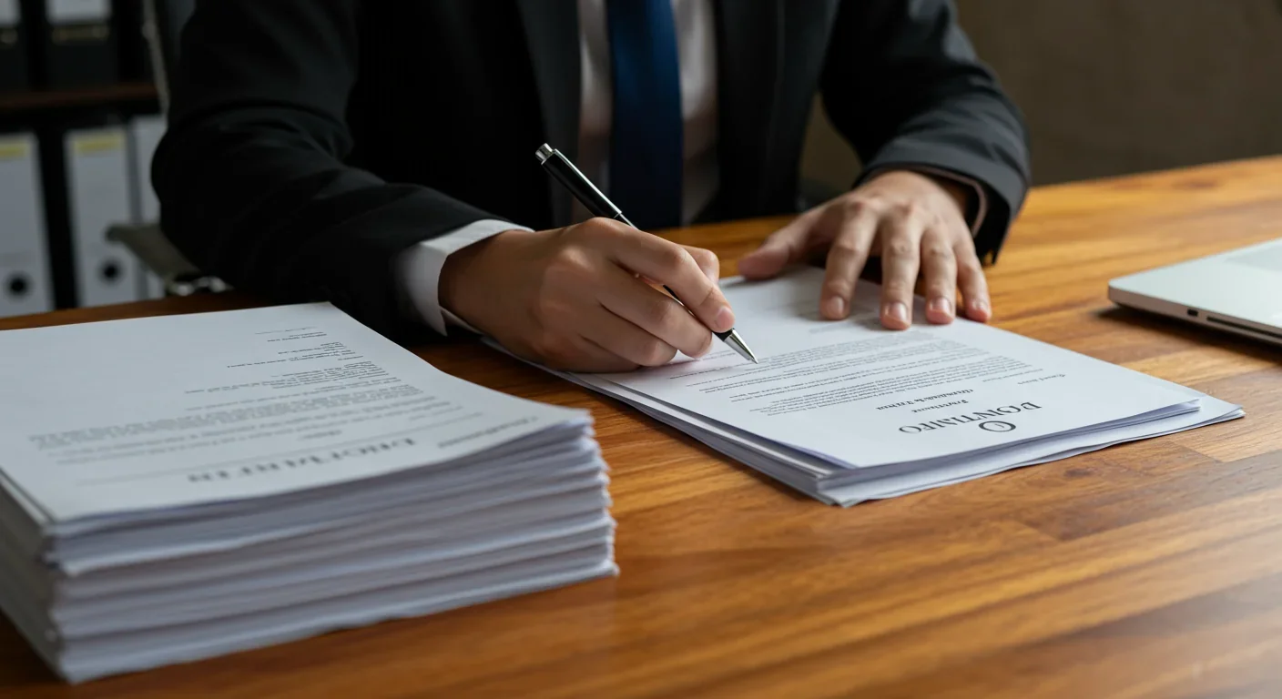 Hands signing complex legal contracts on a wooden desk