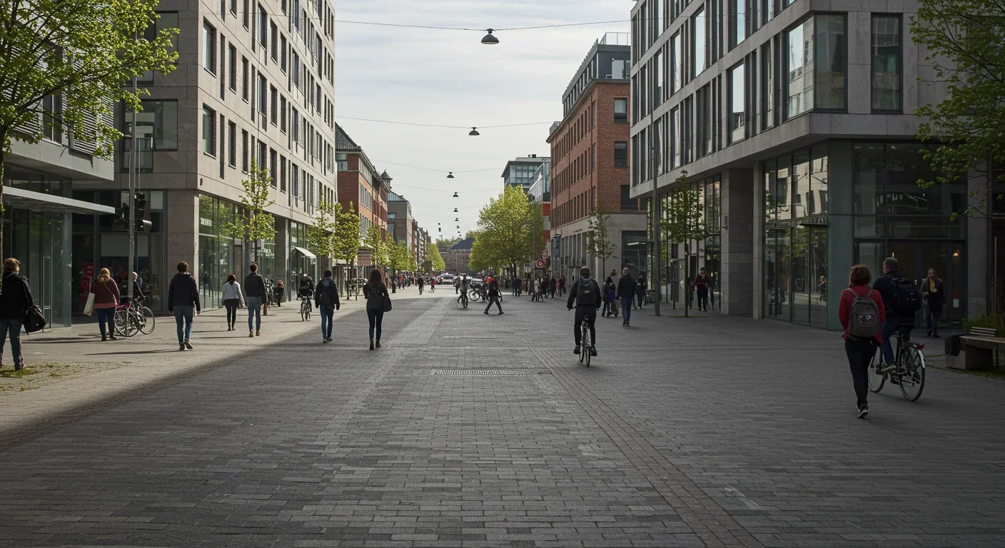 People walking and cycling in a well-maintained Nordic city with modern infrastructure