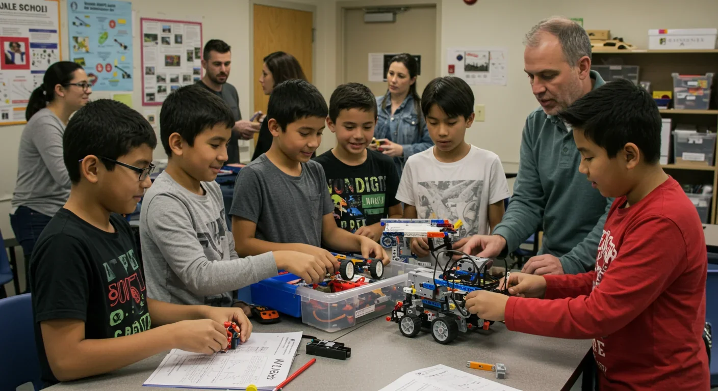Diverse group of children working on robotics project together at homeschool co-op with adult guidance