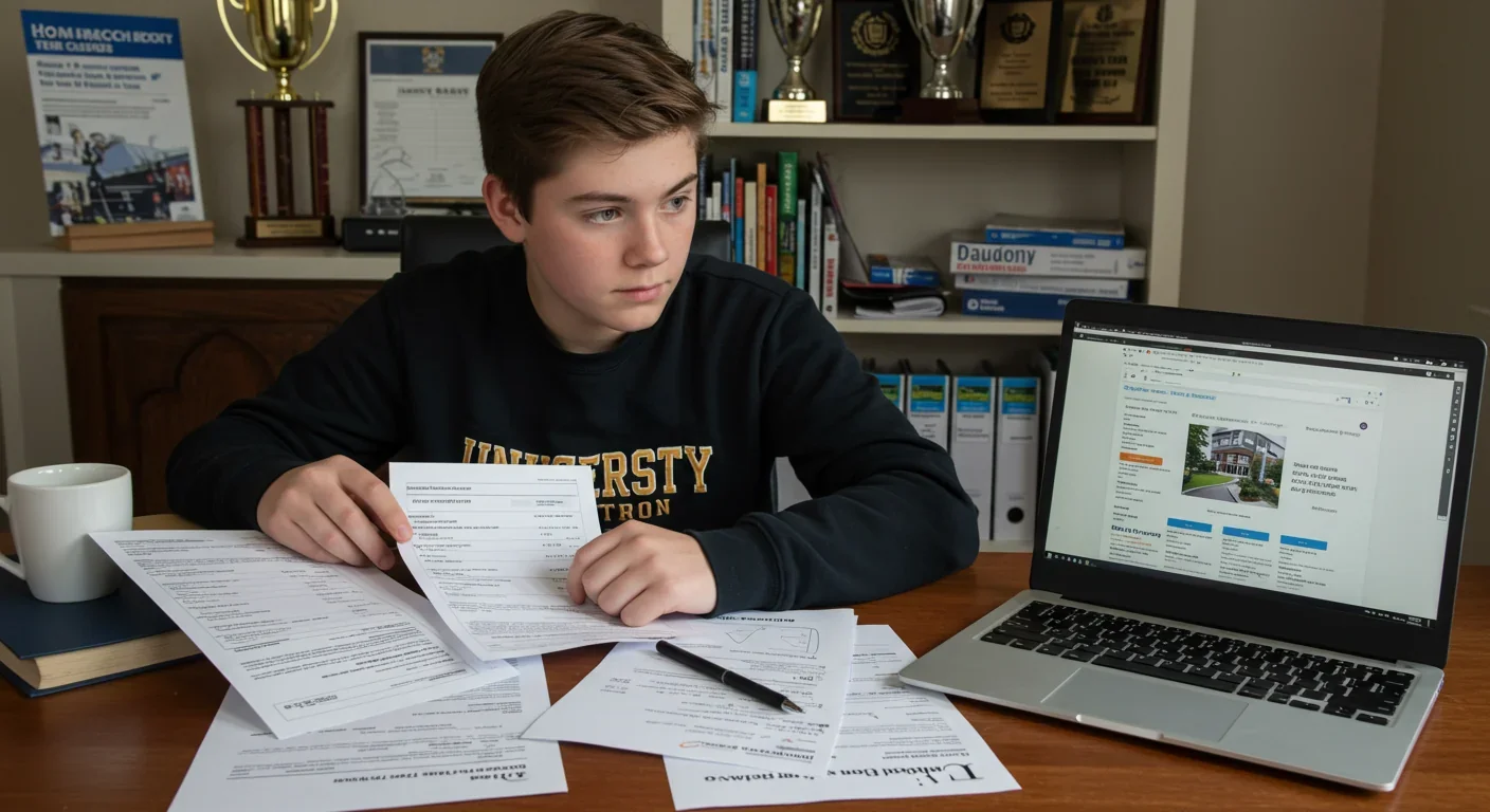 Homeschooled teenager reviewing college applications with transcripts and awards visible in background