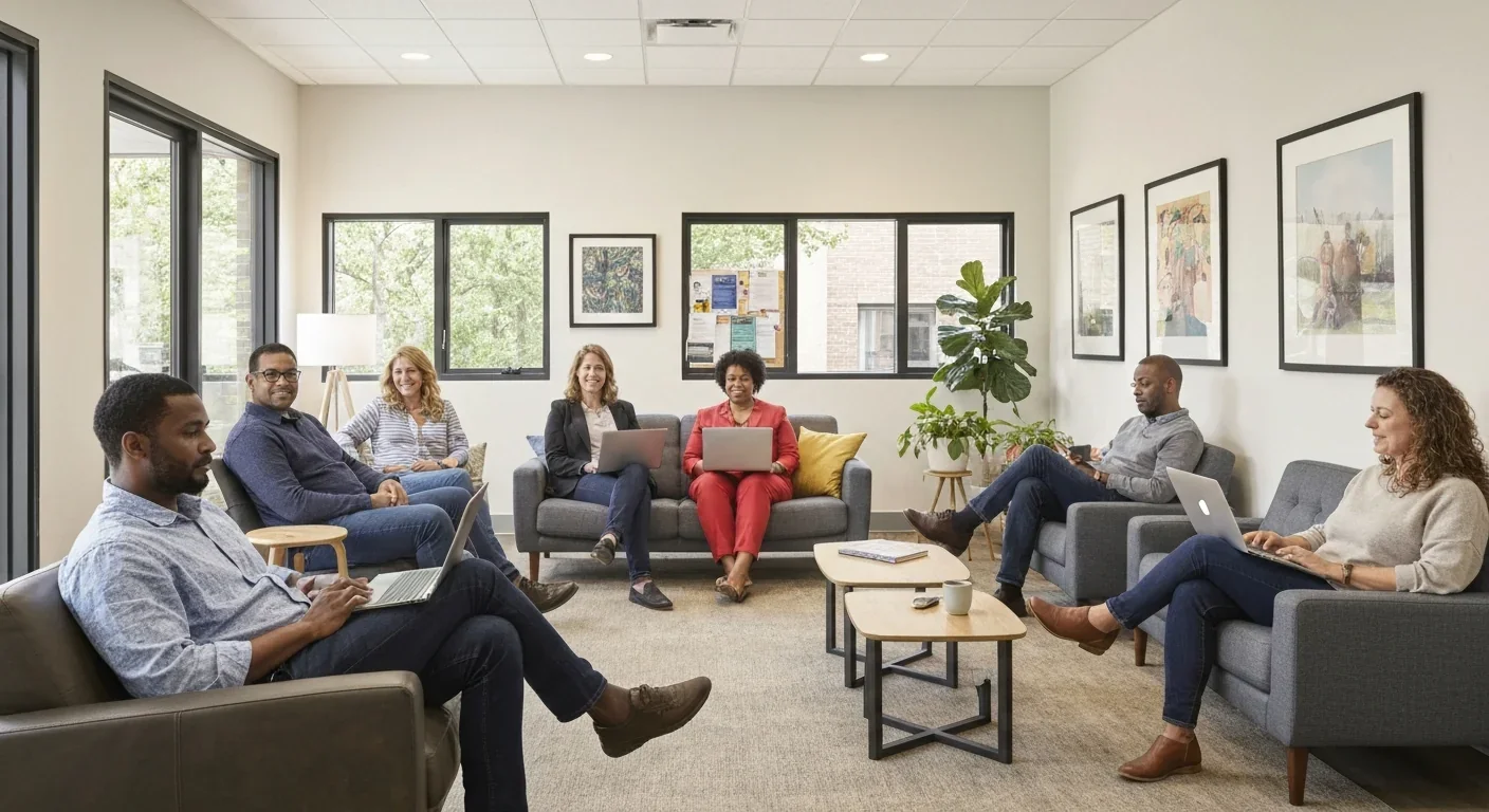 Residents of a housing cooperative gathering and socializing in a bright, welcoming shared community space