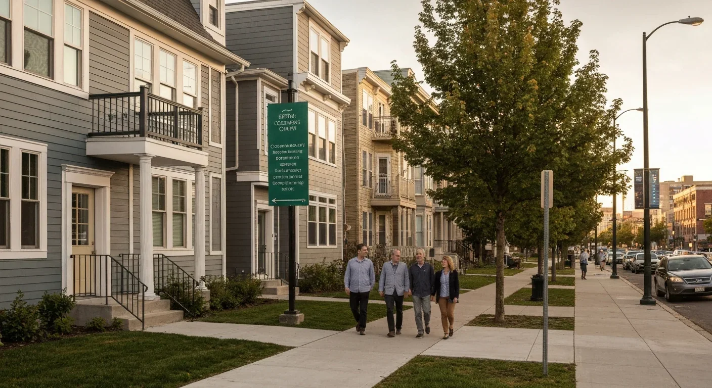 Well-maintained housing cooperative buildings along an urban neighborhood street with residents enjoying the community