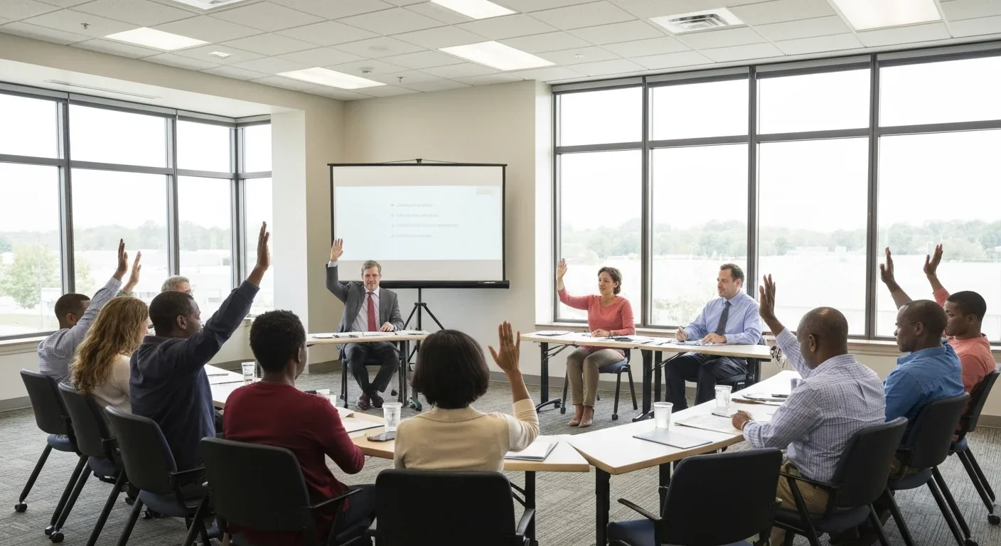Housing cooperative members raising hands to vote democratically during a community board meeting