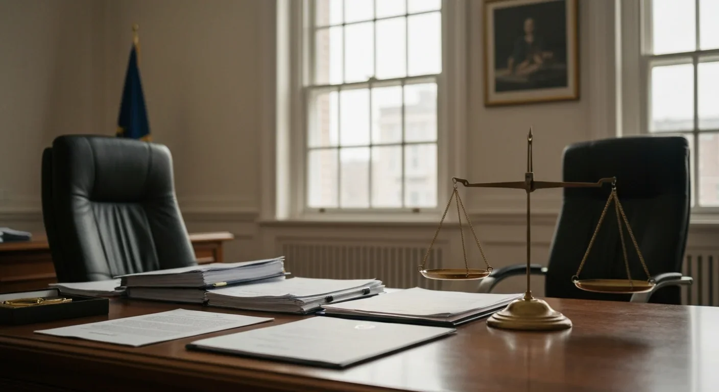 Regulatory office desk with compliance documents and legal materials