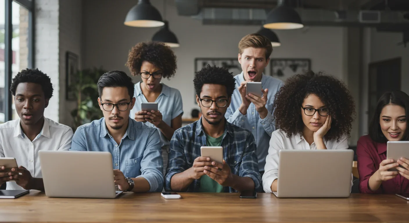 People isolated by their devices despite being physically together