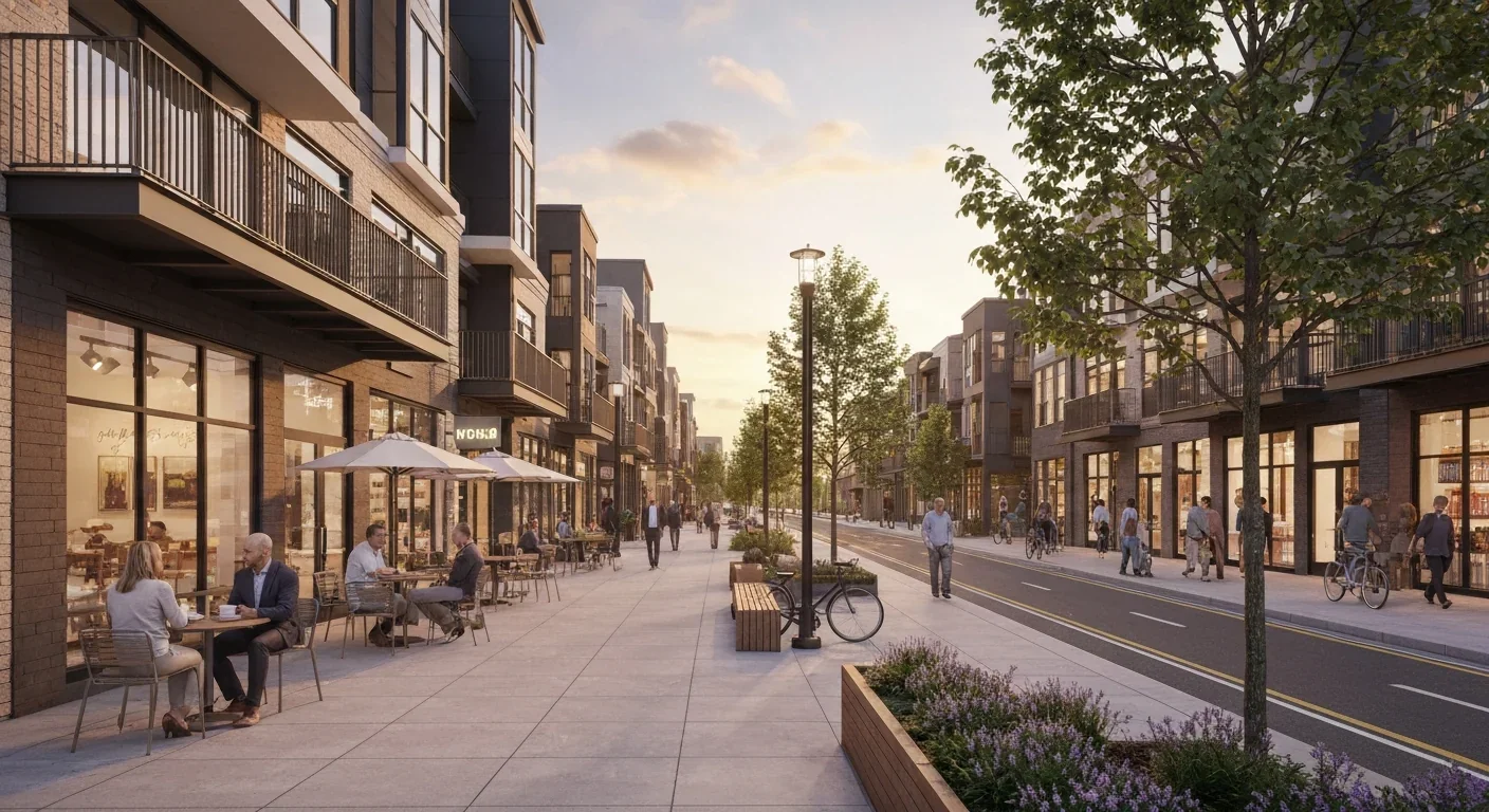 Walkable mixed-density neighborhood with retail, housing, and pedestrian amenities