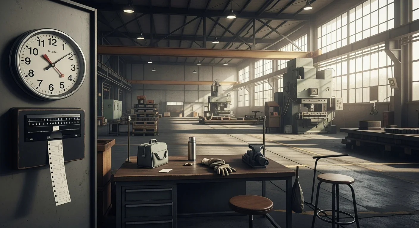 Empty factory workstation highlighting the rigid schedules blue-collar workers face during bereavement