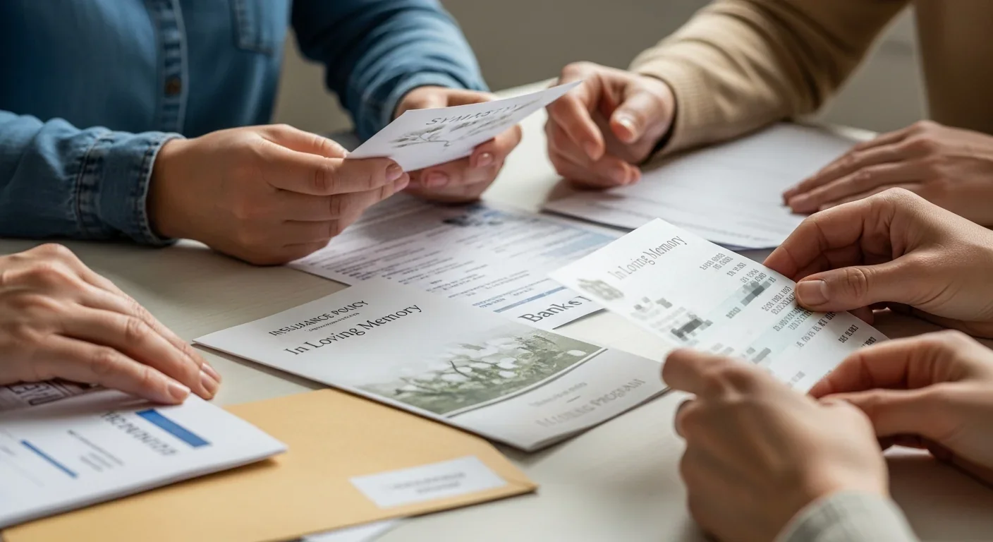 Hands holding sympathy card with funeral and financial documents showing economic burden of loss