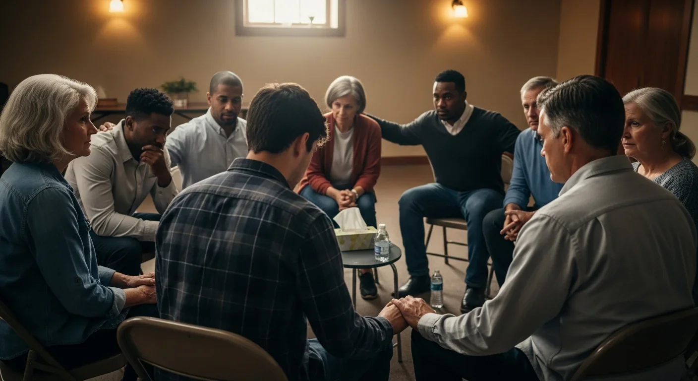 Community grief support group meeting in modest church basement setting