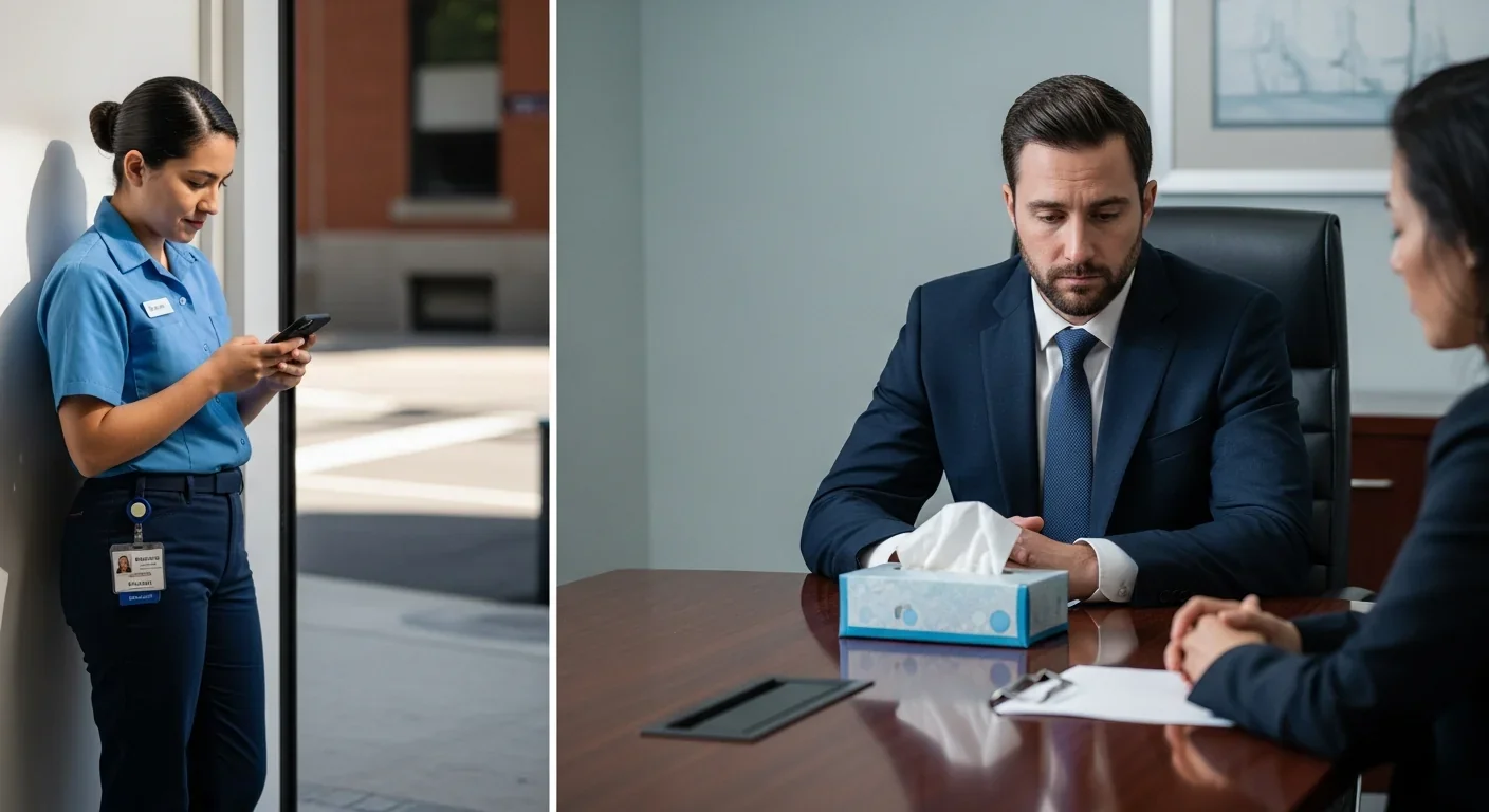 Split scene showing worker on break versus professional in therapy illustrating grief support disparities