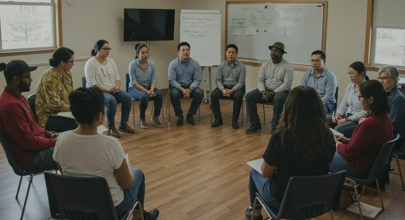 Diverse community members engaged in discussion at town hall meeting