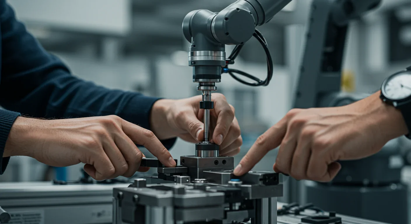 Human hands collaborating with robotic arm on manufacturing task demonstrating hybrid automation model