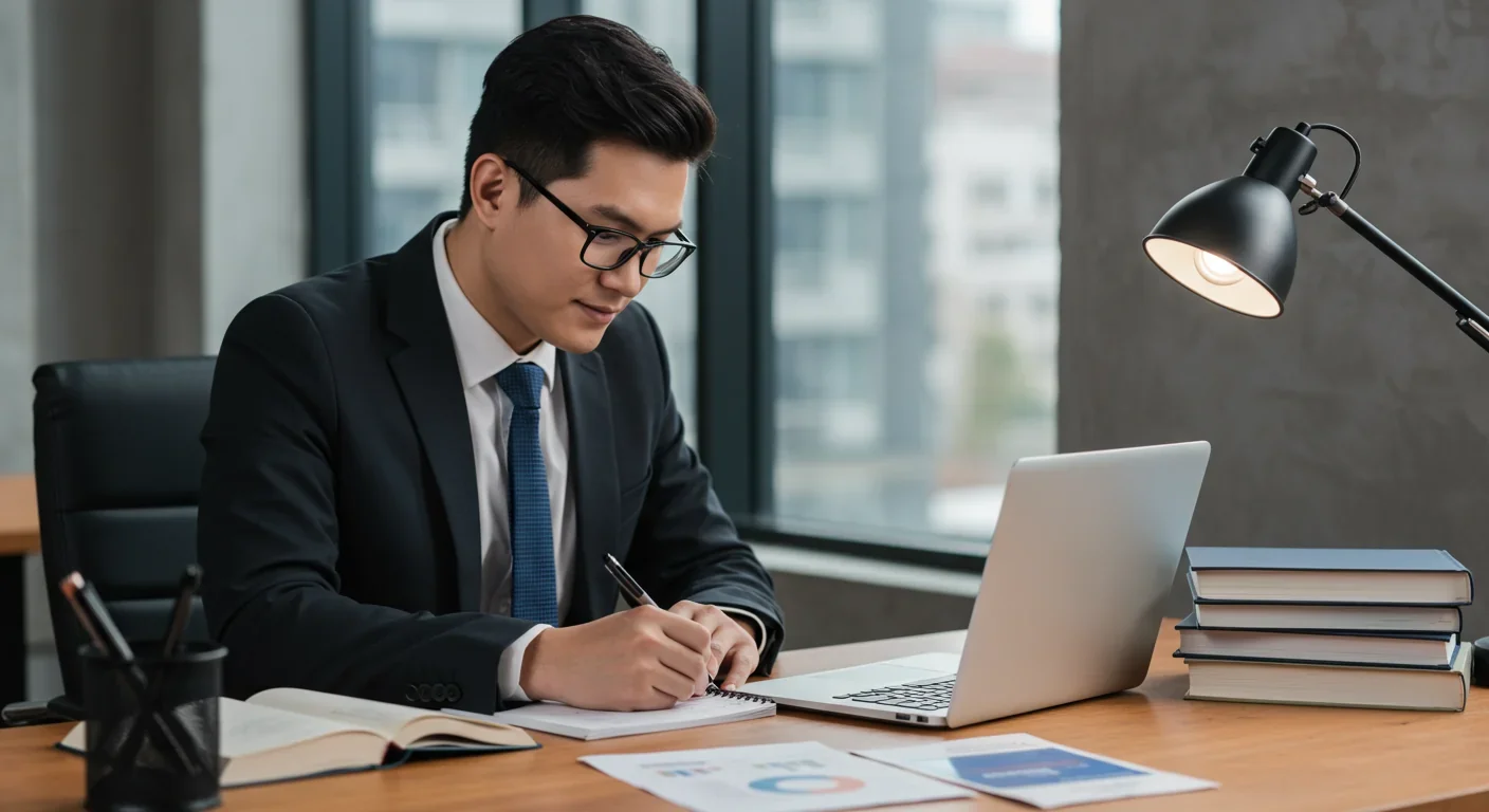 Professional engaged in continuous learning with laptop and study materials for career development