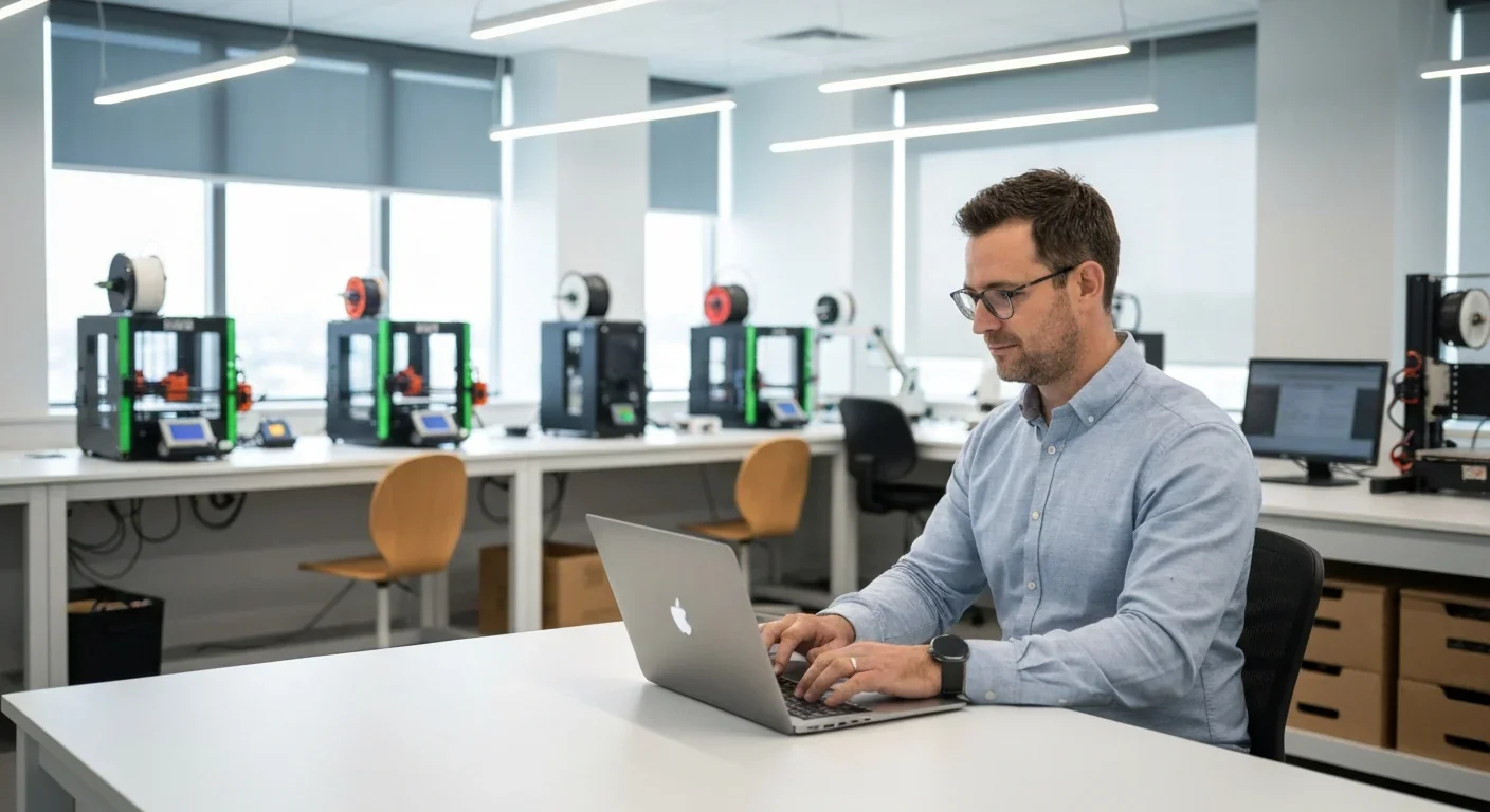 Adult using laptop in makerspace with 3D printing equipment