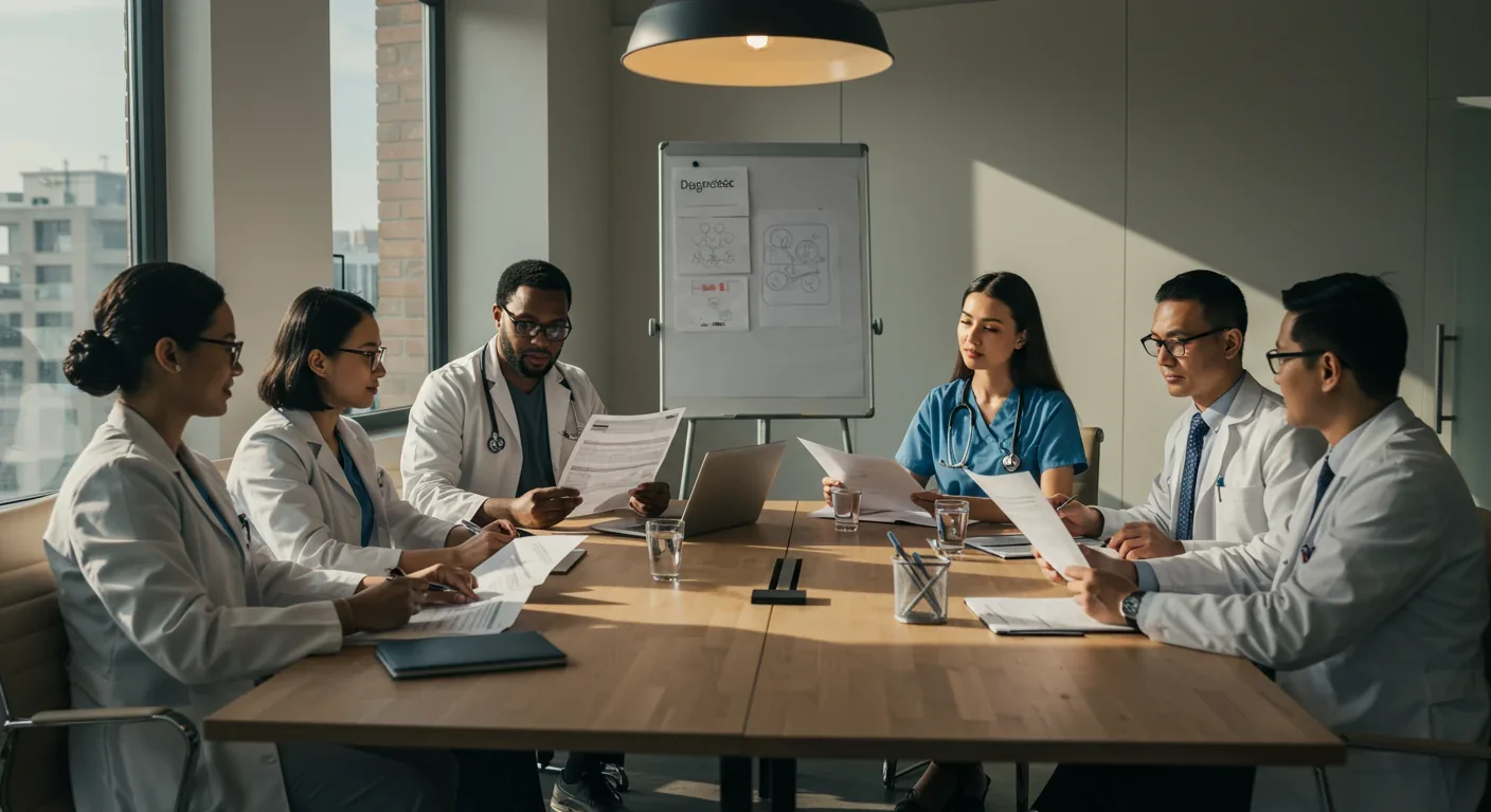 Medical professionals reviewing psychiatric diagnostic criteria in conference room