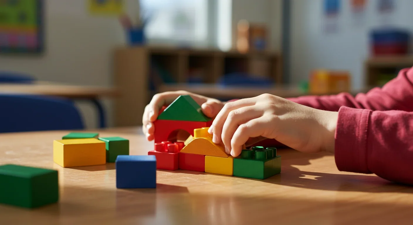 Child's hands playing with building blocks in classroom setting