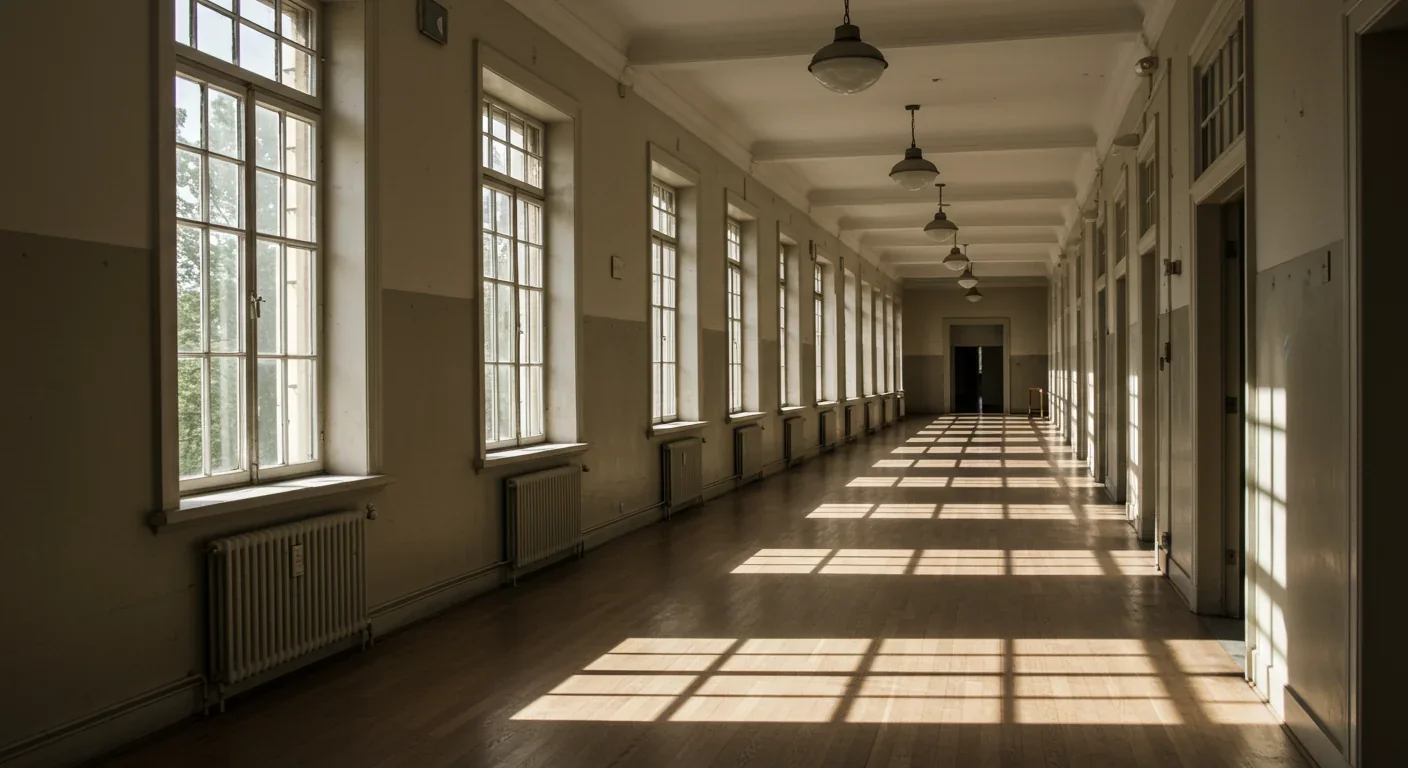 Historical psychiatric facility hallway showing institutional architecture