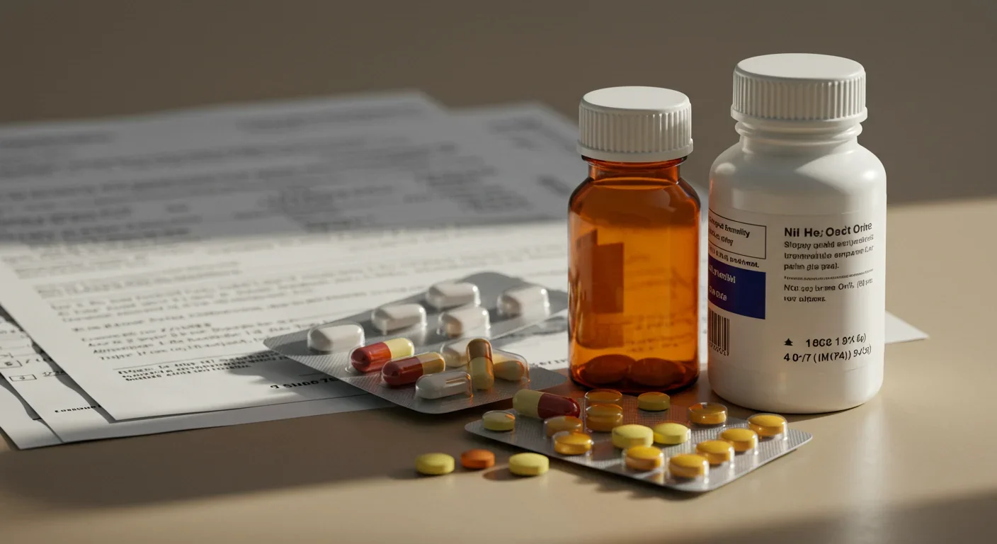 Psychiatric medication bottles with medical research documents