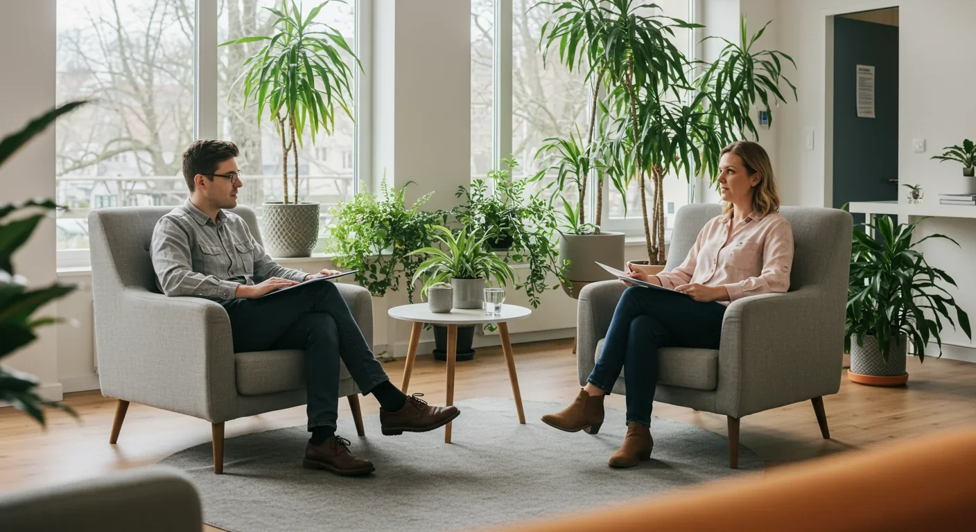 Two people engaged in peer support conversation in welcoming community space