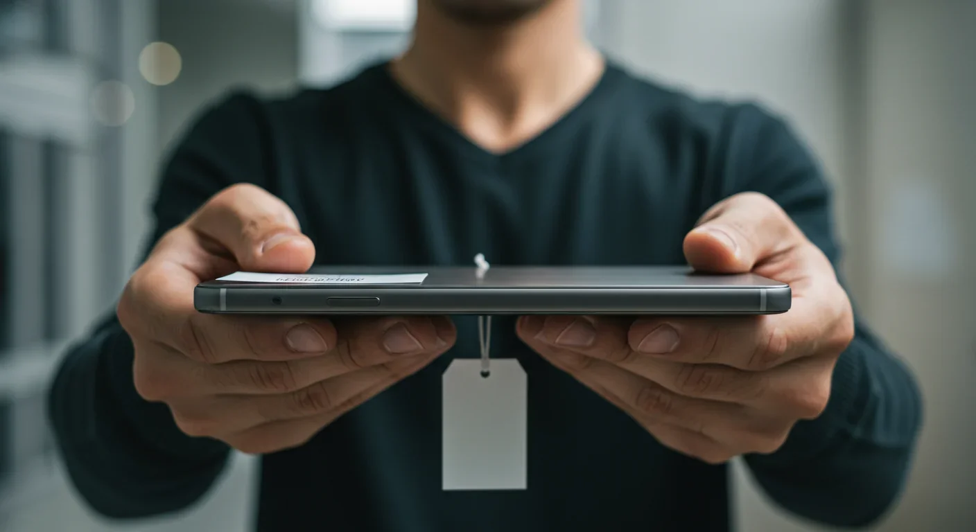 Hands holding expensive consumer product with ambivalent expression