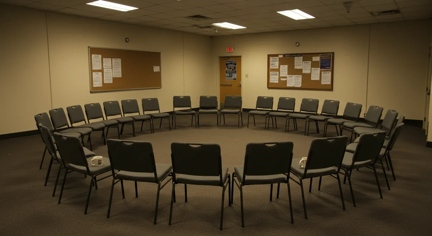 Empty community center with chairs arranged in circle awaiting participants