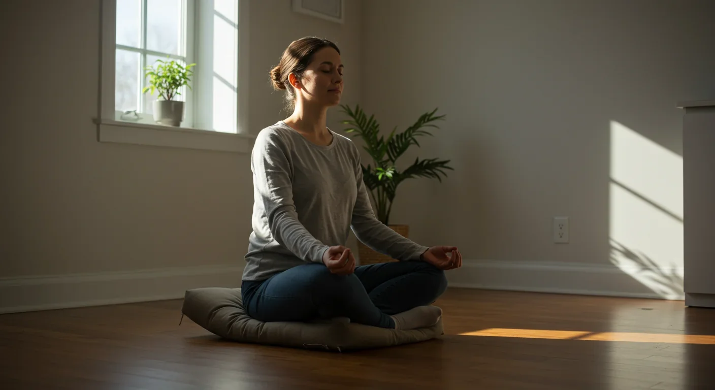 Person practicing meditation in peaceful minimalist room with natural light