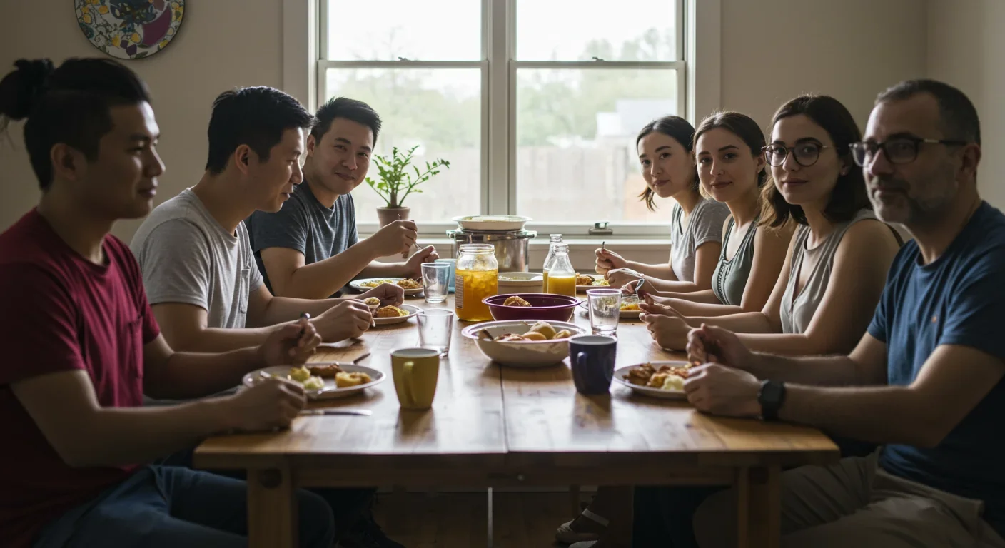 Diverse group of people sharing meal together at communal table with genuine smiles